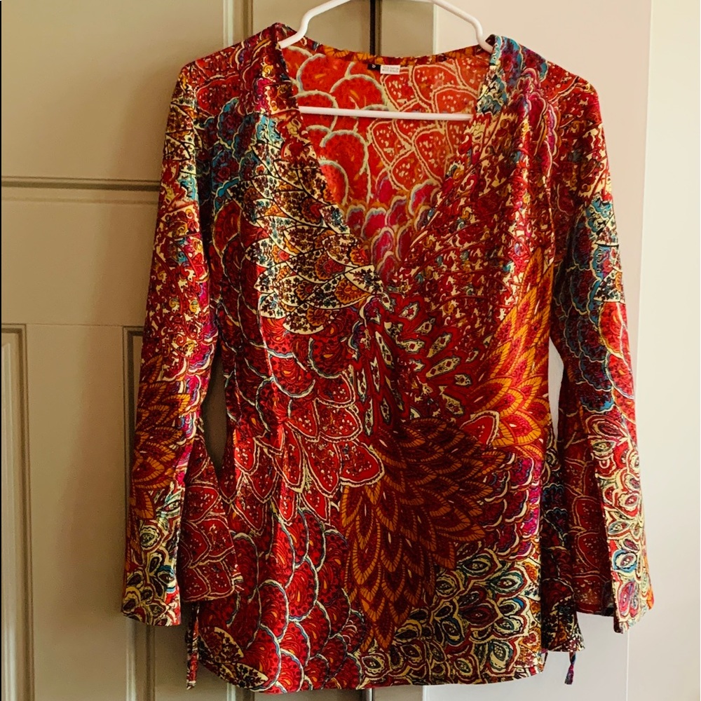 New-Never Worn-Red Pattern, Boho Blouse-Small, Bell Sleeves W/Ties.